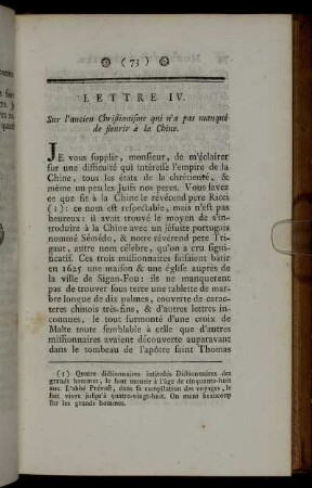 Lettre IV. Sur l' ancien Christianisme qui n' a pas manqué de fleurir à la Chine.