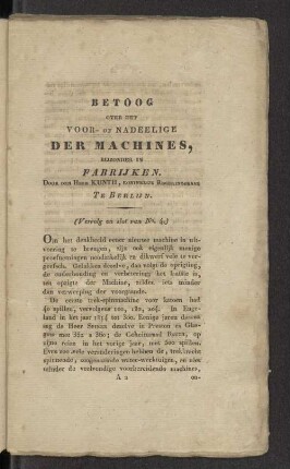 Betoog over het Voor- of Nadeelige der Machines, bijzonder in Fabrijken.