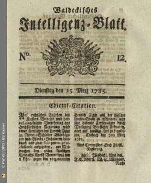 No. 12, Dienstag den 15. Merz 1785
