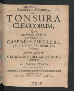 Exercitatio Canonica, De Tonsura Clericorum