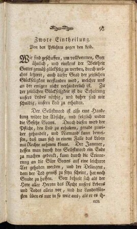 Zwote Eintheilung. Von den Pflichten gegen den Leib.