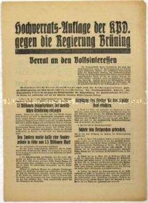 Flugblatt der KPD mit ihrer Hochverrats-Anklage an die Reichsregierung auf Grund der Sozial- und Wirtschaftspolitik