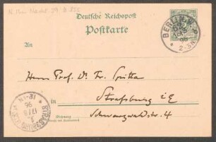 Postkarte an Friedrich Spitta : 16.03.1896