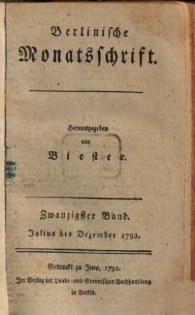 Berlinische Monatsschrift. 20. 1792