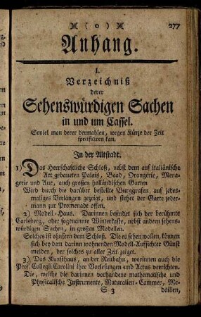 I. Verzeichniß derer Sehenswürdigen Sachen in und um Cassel