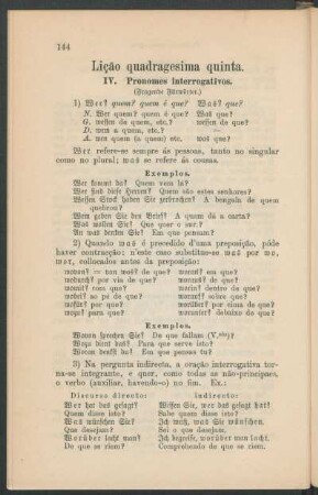 Lição quadragesima quinta. - Pronomes interrogativos. (Fragende Fürwörter.)