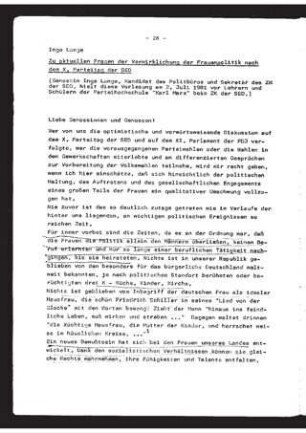 Zu aktuellen Fragen der Verwirklichung der Frauenpolitik nach dem X. Parteitag der SED