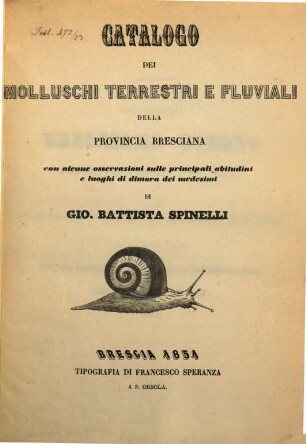 Catalogo dei molluschi terrestri e fluviali della provincia Bresciana