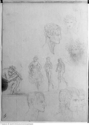 Skizzenbuch, Oben: Kopfstudien; unterer Blattrand: drei männliche Profilköpfe; Blattmitte: tanzende Nymphe, links begleitet von zwei flöteblasenden Jünglingen, rechts von einem sitzenden Dudelsackbläser