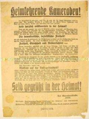Aufruf an heimkehrende Soldaten zur Gesundheitspflege und zur Unterstellung unter Arbeiter- und Soldatenräte