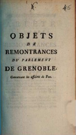 Objets de remontrances du Parlement de Grenoble concernant les affaires de Pau