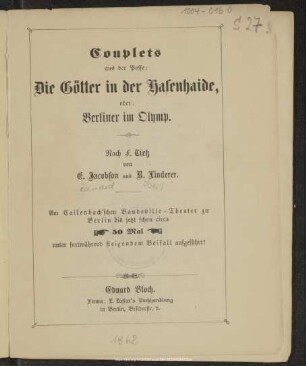 Couplets aus der Posse: Die Götter in der Hasenhaide, oder: Berliner im Olymp