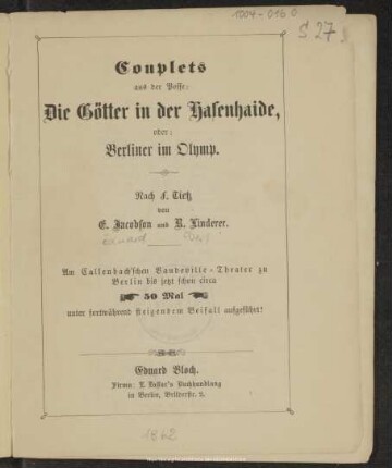 Couplets aus der Posse: Die Götter in der Hasenhaide, oder: Berliner im Olymp