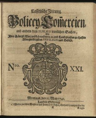 Nro. XXI, Montags, den 22. May 1741