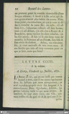 Lettre CCCXL. A la même. A Livry, Vendredi 23. Juillet, 1677