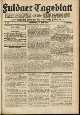 Erste Ausgabe vom Donnerstag, den 09. Juni 1921.