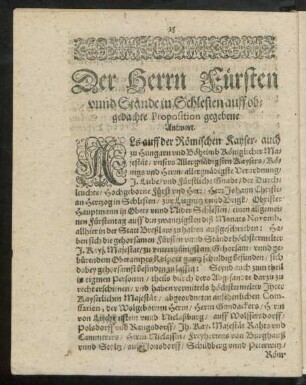 Der Herrn Fürsten unnd Stände in Schlesien auff obgedachte Proposition gegebene Antwort.