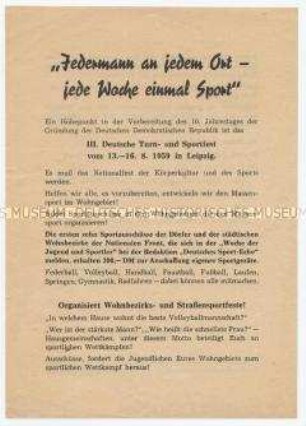 Flugblatt mit Aufruf der Nationalen Front zur Entwicklung des Massensports, anlässlich des 3. Deutschen Turn- und Sportfestes