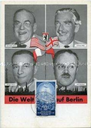 Postkarte zur Viermächtekonferenz in Berlin, mit DDR-Sonderbriefmarke