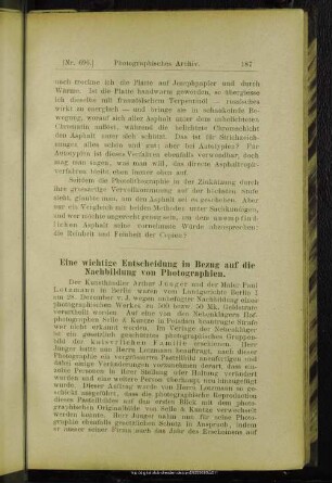 Eine wichtige Entscheidung in Bezug auf die Nachbildung von Photographien