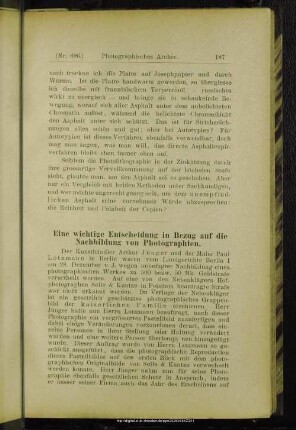 Eine wichtige Entscheidung in Bezug auf die Nachbildung von Photographien