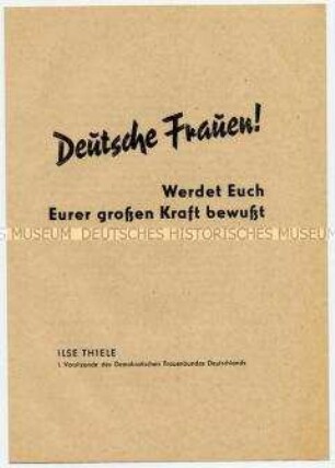 Sonderdruck der Stellungnahme von Ilse Thiele für die DFD-Fraktion vor der Volkskammer zur Erklärung der Regierung Grotewohl gegen die Pariser Verträge, mit Kampfaufruf an die Frauen in DDR und BRD