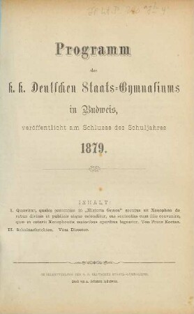 Programm des K.K. Deutschen Staatsgymnasiums in Budweis : veröff. am Schlusse des Schuljahres .... 1878/79