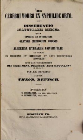 De cerebri morbo ex syphilide orto : Diss. inaug. med.
