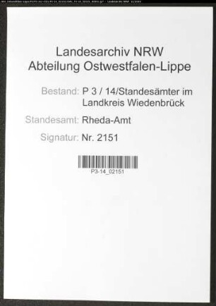 Sterberegister Standesamt Rheda-Amt