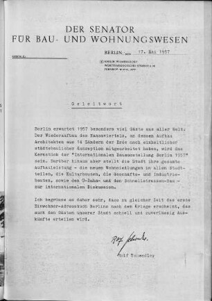 Der Senator für Bau und Wohnungswesen. Geleitwort