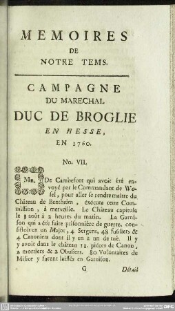 Campagne Du Marechal Duc De Broglie En Hesse. En 1760. No. VII.