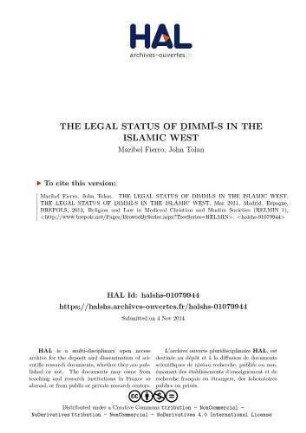 The legal status of Ḏimmī-s in the Islamic West : second, eighth-ninth, fifteenth centuries