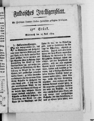 17tes Stück, Ausgabe vom 25. April 1804