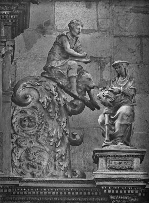 Alabasteraltar von Jean Mone mit Darstellungen der sieben Sakramente — Der heilige Hieronymus mit dem Evangelisten Markus