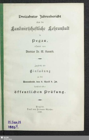 13.1909: Jahresbericht über die Landwirtschaftliche Lehranstalt in Pegau