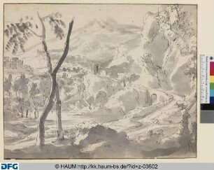 Berglandschaft mit Fluss und Burgen