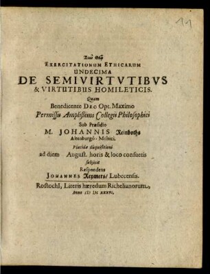 Exercitationum Ethicarum Undecima De Semivirtutibus & Virtutibus Homileticis