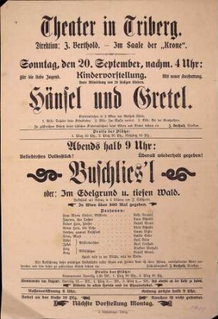 Theater in Triberg: Aufführung von Hänsel und Gretel und Buschlies'l im Saal der Krone