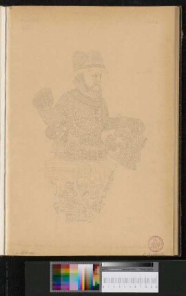 Büste von Herzog Ludwig von Württemberg (1554-1593) auf einer Wappenkonsole am Gewölbeansatz des südlichen Arkadenumgangs (Dreiviertelansicht)