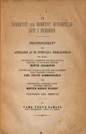 Om subjektivt och objektivt betraktelsesätt i filosofien : (Programm.)