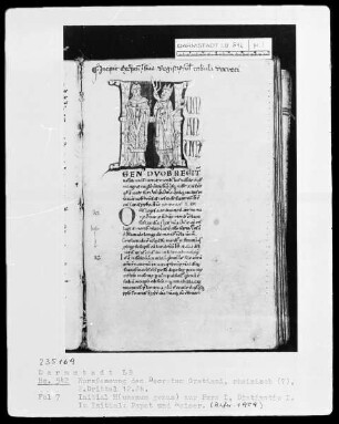 Kurzfassung des Decretum Gratiani — Initiale H (umanum genus). Im Initial Papst und Kaiser, Folio 7