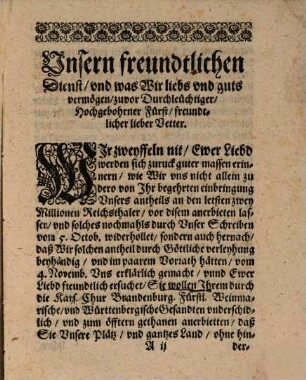 Copia Schreibens von Ihr Churfürstl. Durchl. Hertzogen zu Sachsen an Herren Generalissimum Pfaltzgraven abgangen