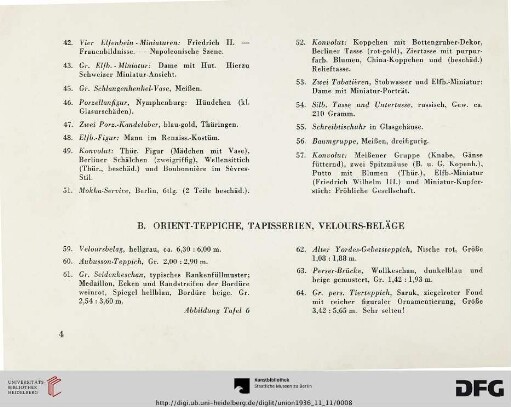 B. Orient-Teppiche, Tapisserien, Velours-Beläge (Nr. 59-82)