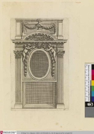 Diverses Inventions nouvelles pour des Cheminées, Bl. 18 [Kamin mit leerem Ovalfeld und Segmentgiebel bekrönt. (Wilke 2016)]