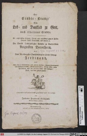 Der Erndte-Kranz! : Ein Lob- und Danklied zu Gott, nach erhaltener Erndte