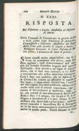 N. XXXI. Risposta del visitatore e legato Apostolico al Vescovo di Macao.