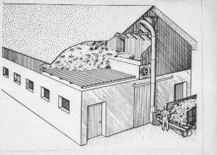 Schemazeichnung: Trocknungstechnik, Betriebsgebäude, Fördergebläse, Belüftungstrocknung