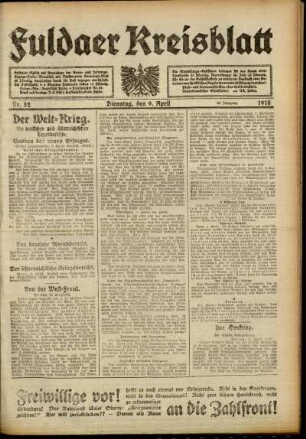 Erste Ausgabe vom Dienstag, den 09. April 1918.