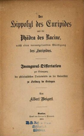 Der Hippolyt des Euripides und die Phädra des Racine : nebst einer vorausgesandten Würdigung des Euripides