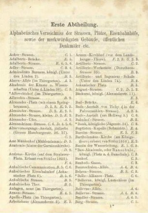 Erste Abtheilung. Alphabetisches Verzeichniss der Strassen, Plätze, Eisenbahnhöfe, sowie der merkwürdigsten Gebäude, öffentlichen Denkmäler etc.